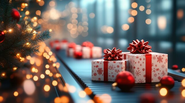 Colorfully wrapped gift boxes with ribbons move along a conveyor belt adorned with twinkling lights during the festive holiday season