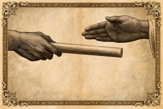 Ancient engraved woodcut showing hands passing rolled tube baton