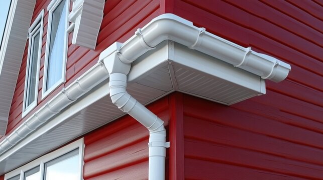 The storm drainage polymer system effectively channels rainwater from the roof of a private house, showcasing its functionality during wet weather.