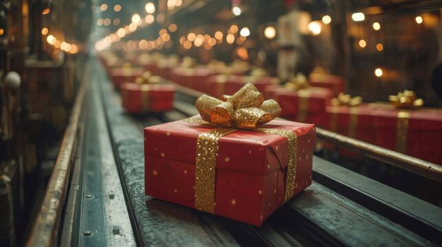 Conveyor belt transports gift boxes, festive Christmas ambiance