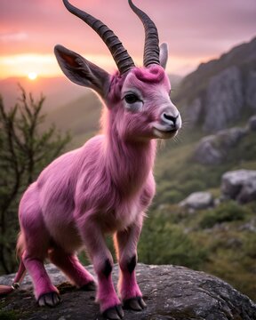 A pink  markhor baby goat kid  genetic hybrid experiment fantasy animal, fictional species in an enchanted rune glade