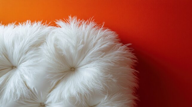 A vibrant background contrasts with a filled down jacket featuring a striking white feather in the center, showcasing a unique textile art piece
