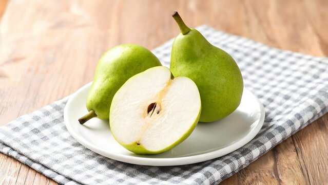Fresh Green Pears on White Plate