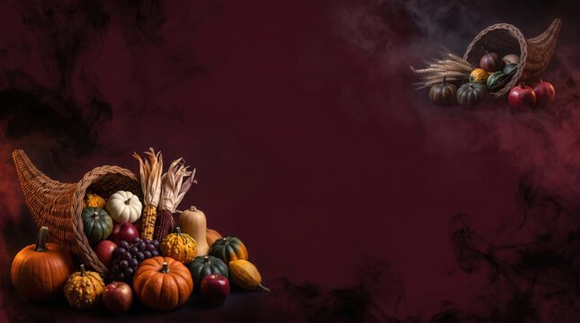Abundant autumn harvest cornucopia display featuring seasonal pumpkins and fresh fruits on dark moody background with cornucopias overflowing variety