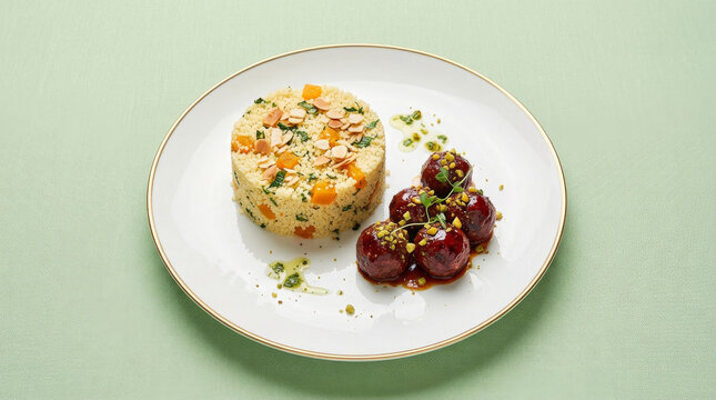 Vegetarian meatballs glazed with pomegranate and harissa sauce, Moroccan couscous with apricots and almonds 