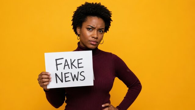 Skeptical Black Woman Holding Fake News Sign on Yellow Background
