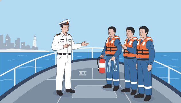 Maritime captain providing safety instructions to his crew wearing life jackets on the deck of a ship during a sunny coastal voyage.
