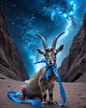 A   markhor baby goat kid  genetic hybrid experiment fantasy animal, fictional species  markhor baby goat kid  genetic hybrid experiment fantasy animal, fictional speciesin a nebula wave canyon