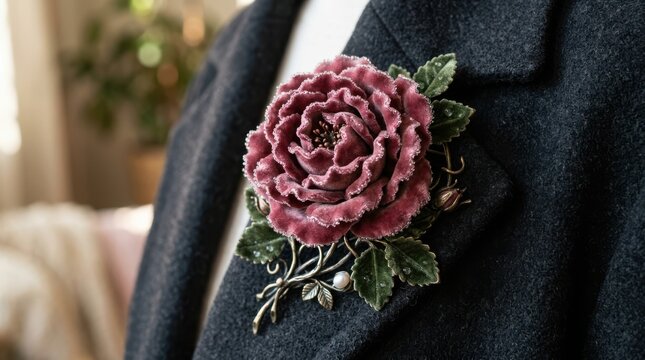 Elegant velvet rose flower brooch pinned on a dark wool coat lapel for formal fashion style.