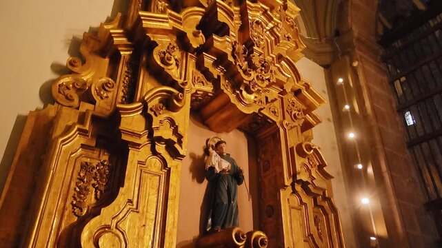 Mexico City Metropolitan Cathedral Baroque Gilded Retablo With Saint Statue