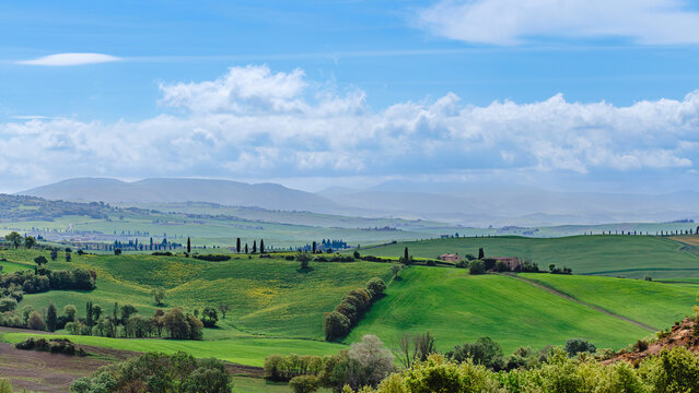 Beautiful rolling hills and lush green fields under a clear blue sky