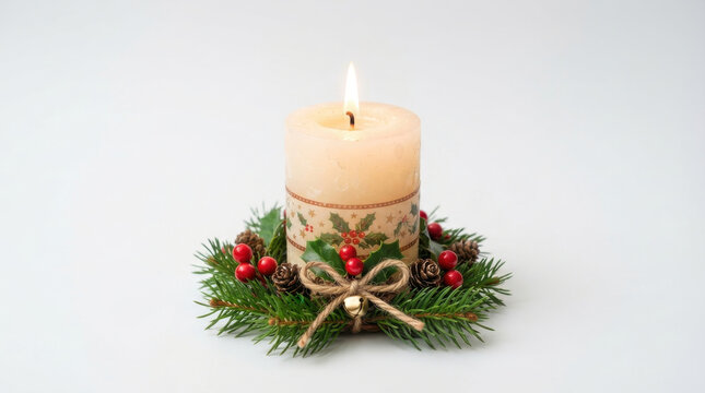 Glowing Christmas Candle with Festive Decorations, Red Ornaments, Pine Branches and Golden Wreath for Warm Holiday Celebration and Winter Season Decor