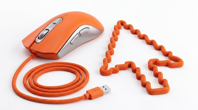 Bright orange computer mouse with a coiled USB cable shaped like a cursor on white background
