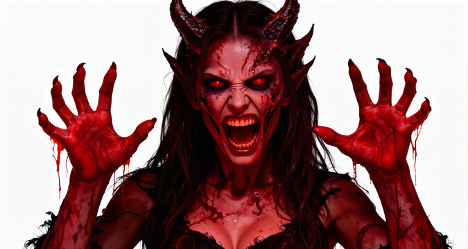 Scary female monster hands halloween character red color isolated on white background.
