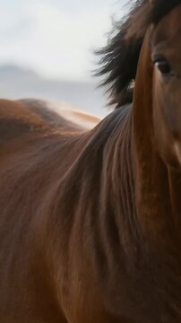 Vertical video: Entering frame, horse moving and turning toward camera in pasture, showing whiskers
