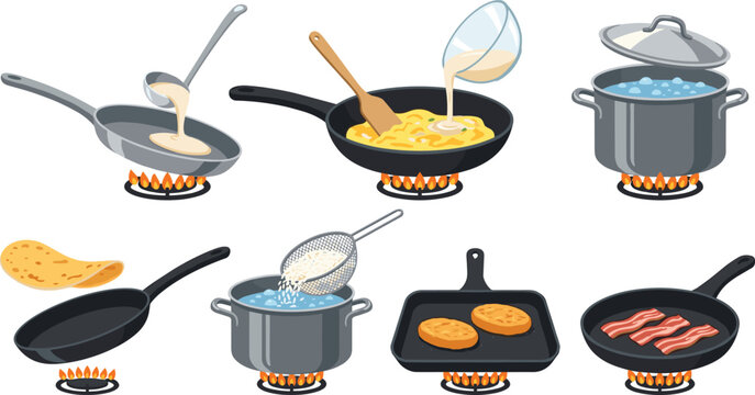 Cooking Process Vector Illustration Set Featuring Pots and Pans on Gas Stoves Frying Bacon, Flipping Pancakes, Boiling Water, and Scrambling Eggs for Culinary Designs