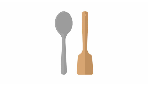 Slotted cooking spoon and wooden frying spatula flat vector icon