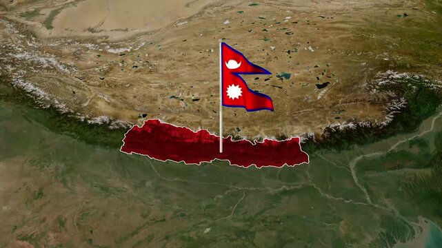 Nepal national flag waving over 3d map animation video clip