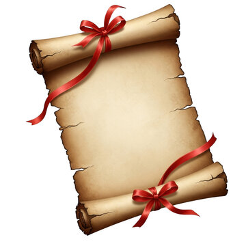Vintage parchment paper scroll with red ribbons isolated on transparent