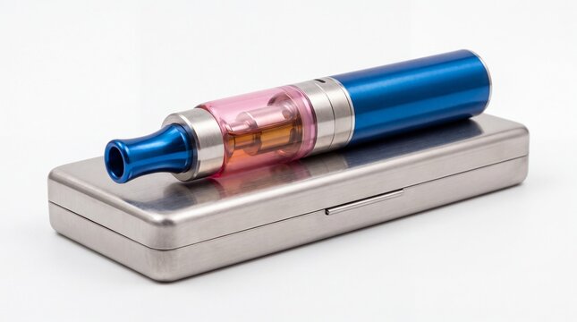 Blue and pink electronic cigarette device resting on a metallic storage case on white background