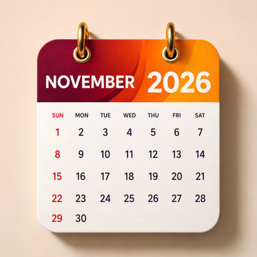 November 2026 Monthly Calendar Page with Red and Orange Gradient Design &ndash; 30 Day Grid - 1