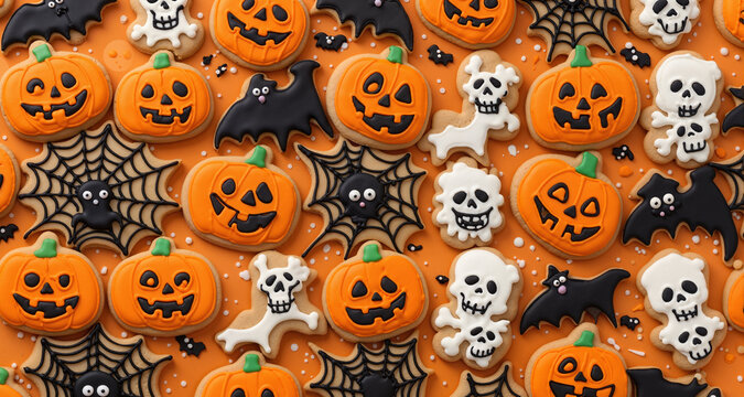 Halloween cookies with pumpkin, ghost, bat, and skull designs on an orange background.