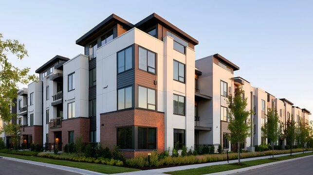 Modern multi story residential buildings with brick and panel facades  large   balconies  and landscaped frontage under clear sky