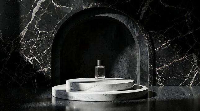 Perfume bottle on marble podium with black marble background