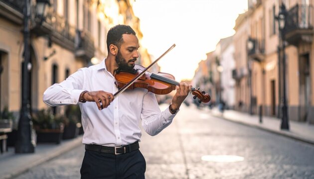 Passionate Musician Plays Violin on Sunny City Street