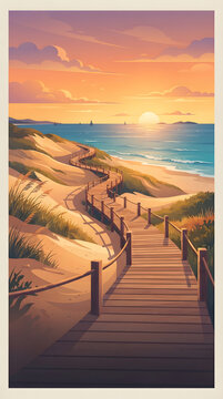 Scenic wooden boardwalk winding through sand dunes to the ocean at sunset