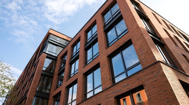 Modern red brick building with large reflecting blue sky and clouds  viewed from low angle on a bright day