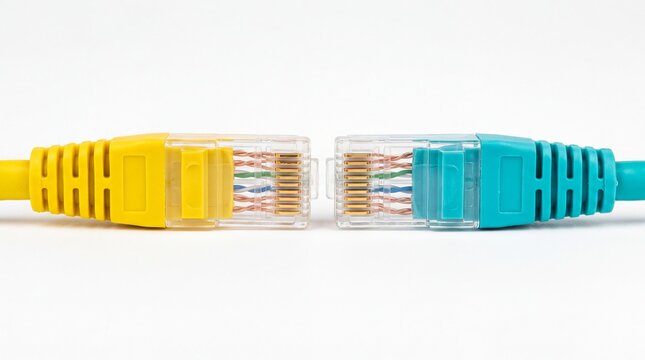 Yellow and cyan ethernet cable connectors facing each other positioned horizontally isolated on white background
