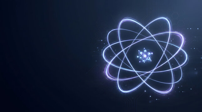 Atomic Orbitals: A luminous digital representation of atomic orbital paths, showcasing the intricate dance of electrons around a nucleus with a futuristic, scientific aesthetic.
