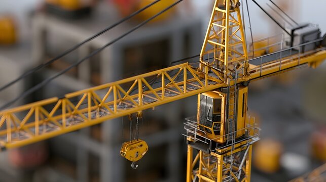 A detailed yellow tower crane model with visible lattice structure and hook  set against a blurred construction background