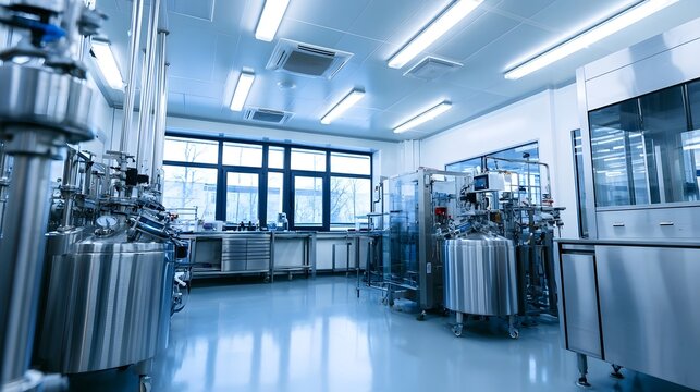 Modern phar eutical production facility with stainless steel equipment  bright fluorescent lighting  and large showing winter trees outside