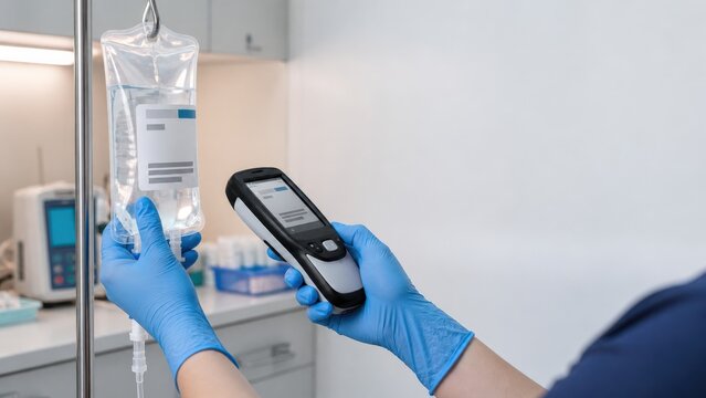 Barcode Medication Administration Hands verifying IV with reader