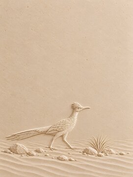 Desert Relief Background &ndash; Roadrunner. Minimal sandstone bas-relief of a roadrunner among desert rocks, sparse vegetation and wind-rippled sand, with generous copy space.