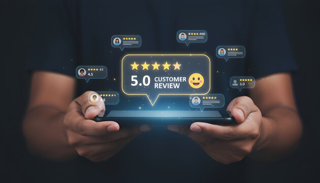 Person holding a smartphone displaying a five star customer review rating and positive feedback icons