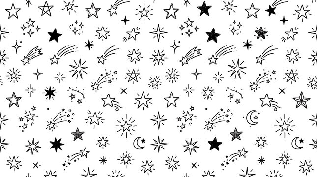 Drawn star patterns with crescent moons during a night sky for celestial celebration backgrounds