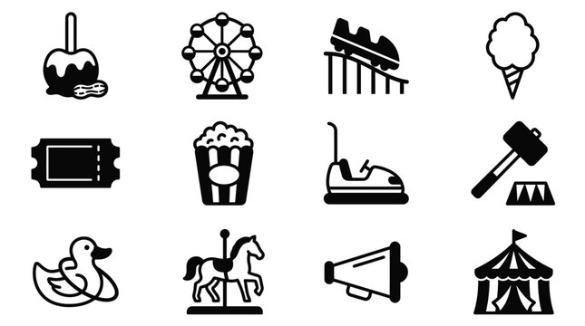 Set of 12 black carnival and amusement park glyph icons including a Ferris wheel, roller coaster, circus tent, carousel horse, bumper car, candy apple, popcorn, ticket, and game stalls.