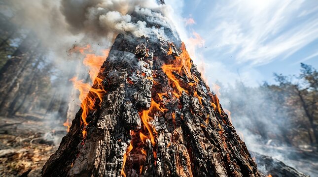 Massive Tree Engulfed in Flames Amidst Forest Fire.