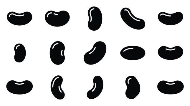 Collection of fifteen black kidney bean silhouettes in various angles on a white background. Minimalist flat design icons of legumes and vegetable seeds for food and nutrition projects.