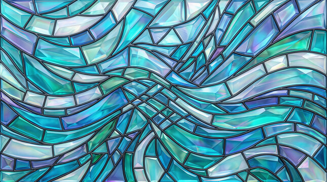 Stained glass abstract background, blue mosaic glass pattern with wavy lines, decorative crystalline texture for interior design