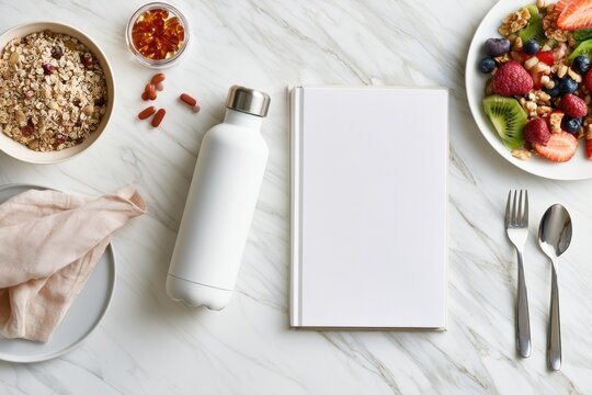 Flat lay shows supplements, vitamins, water bottle, healthy breakfast, and a notebook on a white marble surface.