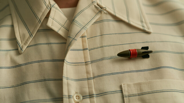 A small toy bomb pin attached to a vintage striped button-up shirt. This symbolizes conflict and war themes in modern fashion and social commentary.