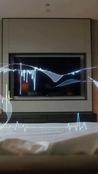 Vertical video: Animating TV starting with thin ECG lines in bedroom, growing to dense pulses
