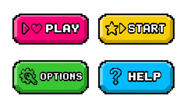 Set of four colorful pixel art game interface buttons on a plain white background