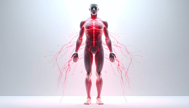 A 3D render of a human body highlighting the nervous system with glowing red light. This medical visualization, featuring nobody, evokes a sense of connectivity, complex science, and vitality.