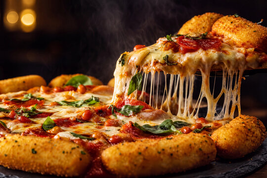restaurant menu and fast food advertisement for Gourmet stuffed crust pepperoni pizza with melted cheese pull