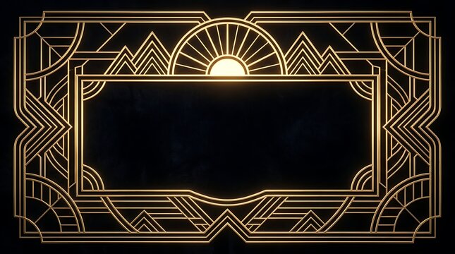 Gold art deco geometric frame on black background
